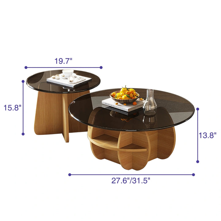 Set of 2 Round Glass Coffee Tables with Wooden Base