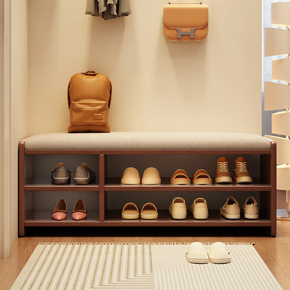 Simple Solid Wood Shoe Storage Bench with Cushion for Hallway