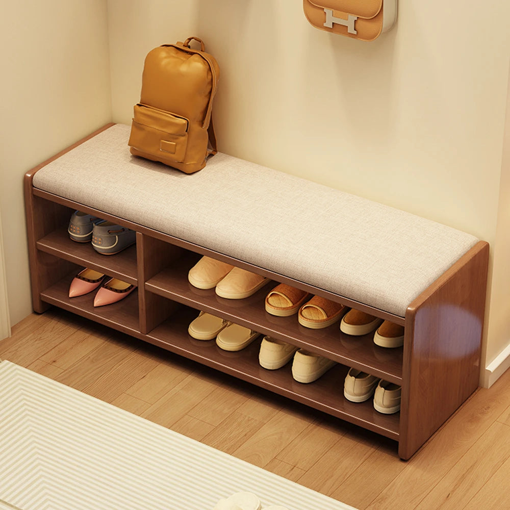 Simple Solid Wood Shoe Storage Bench with Cushion for Hallway