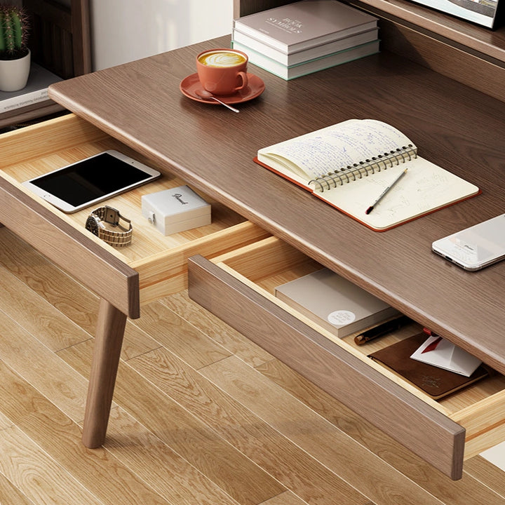 Wooden Home Office Desk with Drawers and Hutch