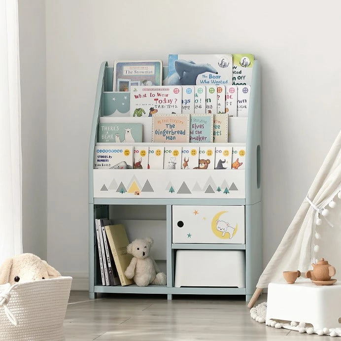 Montessori Bookshelf with Tiered Storage Organizers